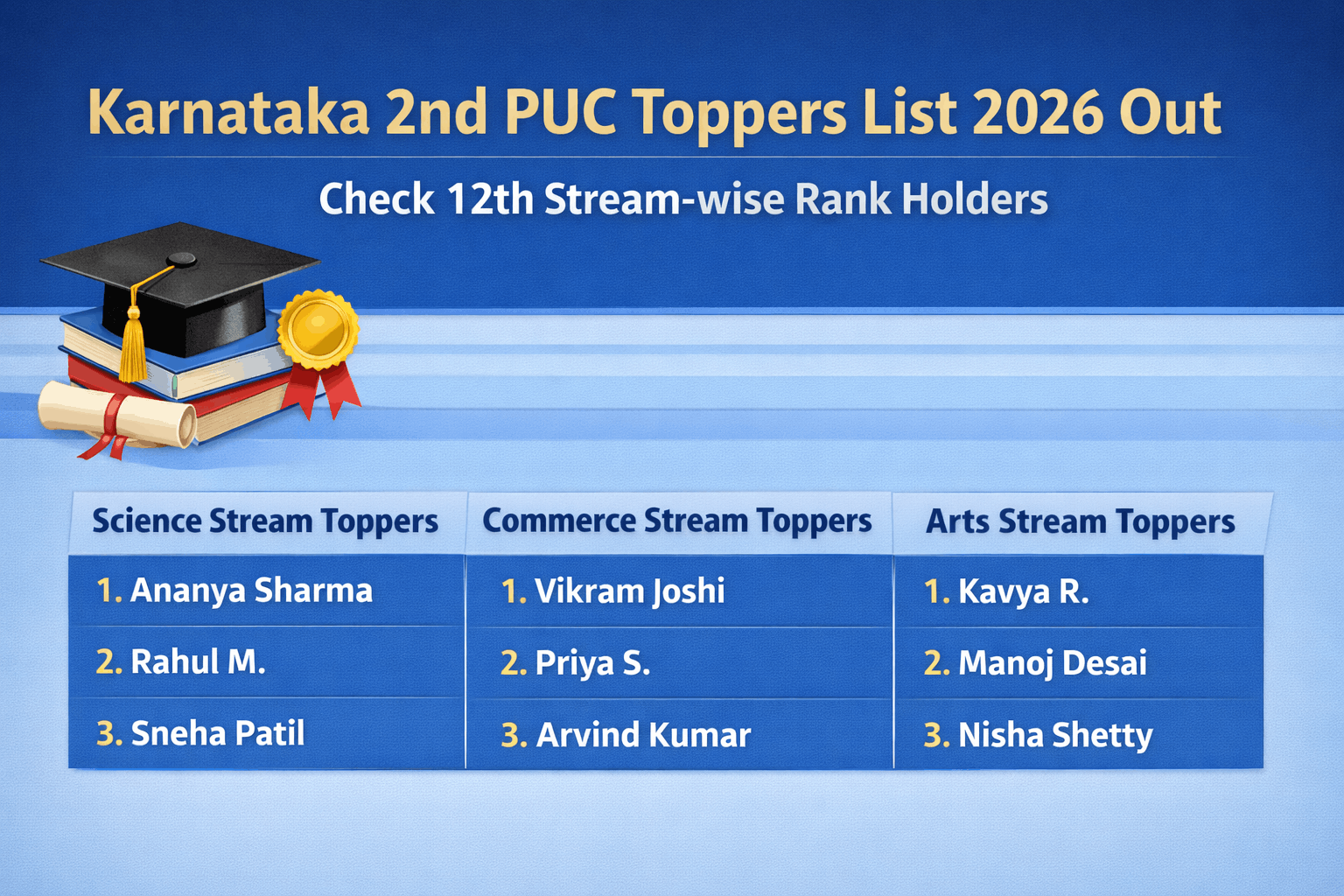 Karnataka 2nd PUC Toppers List 2026 Out, Check 12th Stream-wise Rank Holders' Names, Marks, and District Toppers